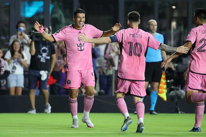 Luis Suarez (left) and Lionel Messi pictured celebrating a goal during Inter Miami's 3-1 win over Nashville in the 2024 CONCACAF Champions Cup